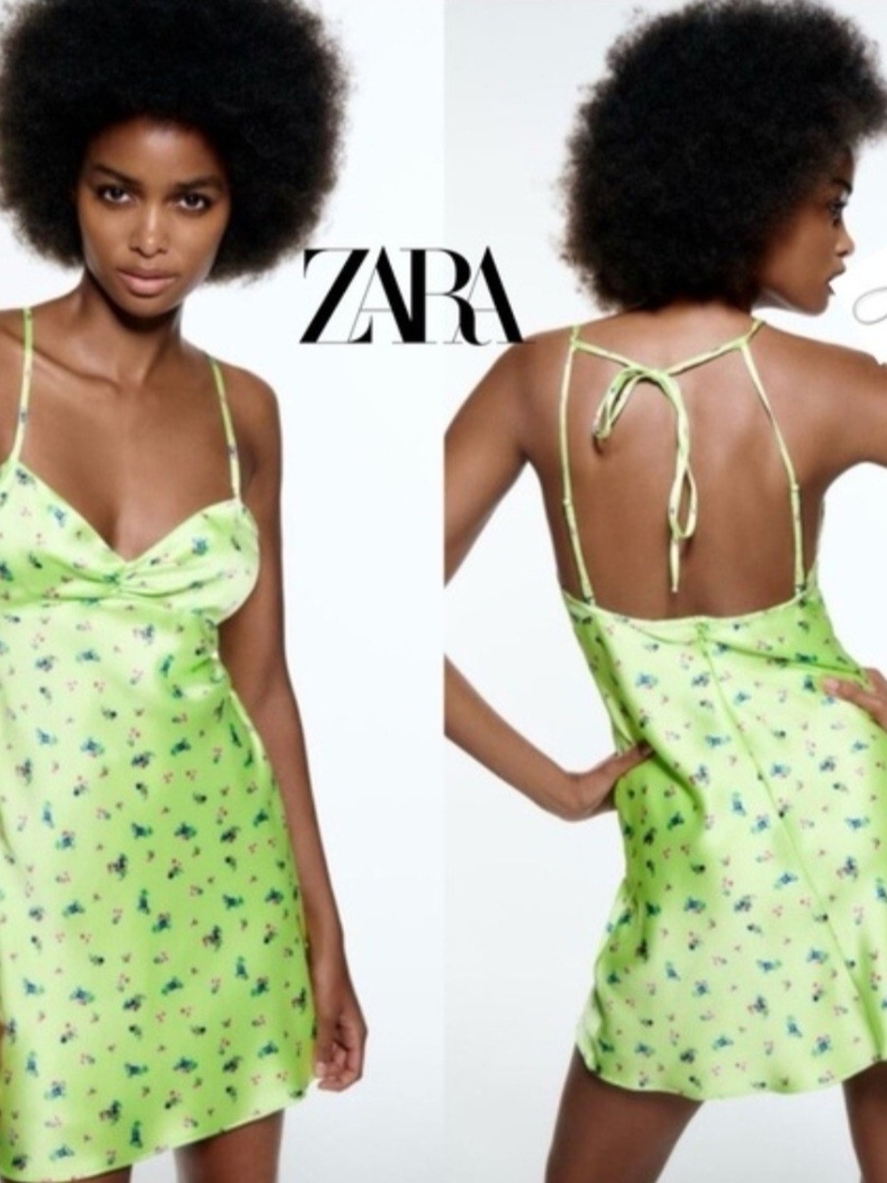 ZARA Neon Lime Green Floral Backless Slip Dress